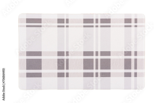 A floor mat designed with vertical and horizontal gray stripes. Mop designed for use on the kitchen floor