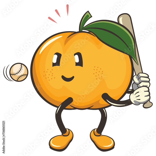 vector illustration of a cute mandarin orange character mascot ready to hit a baseball with a bat, work of handmade
