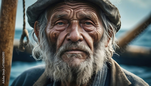 Portrait of an old fisherman at sea, using natural light to highlight weathered textures. © S_A_G_A_R