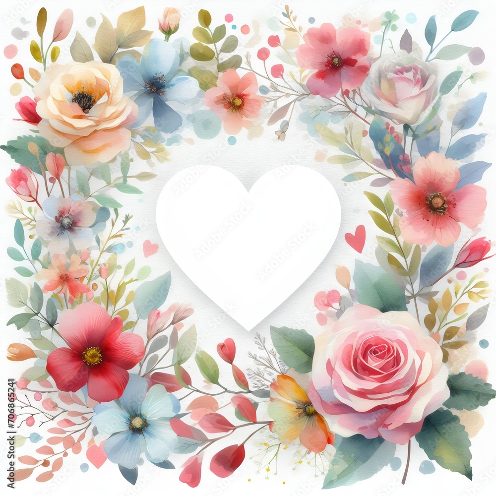 Watercolor floral greeting card with heart and place for your text.