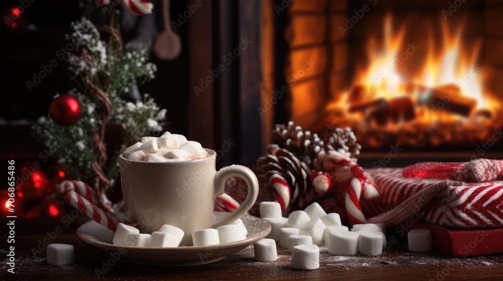 A cup of hot cocoa or coffee with marshmallows on a background of Christmas tree lights and a fire in the fireplace. The atmosphere of celebration and comfort.