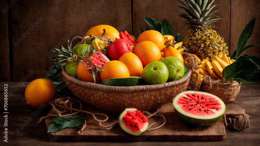 healthy organic food, diet, AI generated fruits, sweet oranges, lime, coconut, pineapple, kiwi