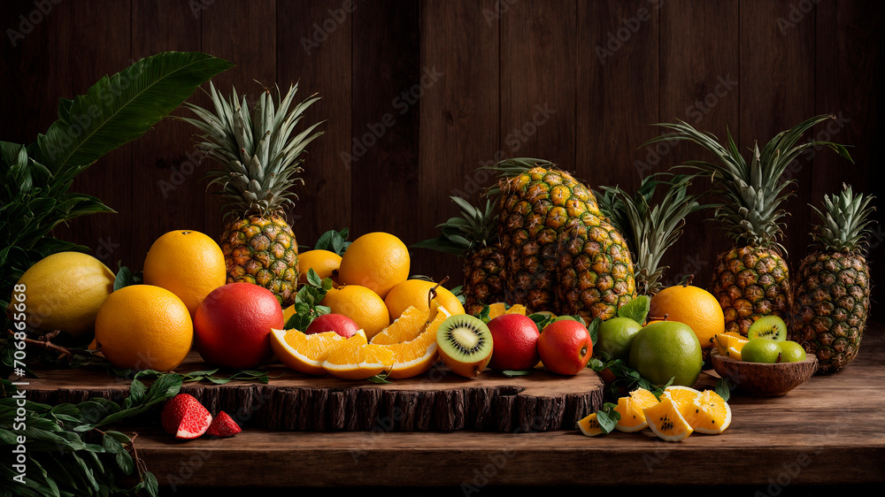 healthy organic food, diet, AI generated fruits, sweet oranges, lime, pineapple, peach, kiwi