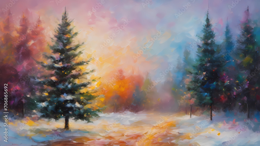Abstract oil painting of Christmas tree, pastel colors splash