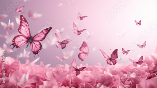 Blossoming sakura flowers and flying butterfly against beautiful background macro in wildlife, soft focus. Elegant artistic image nature scene beauty of environment. Generative AI