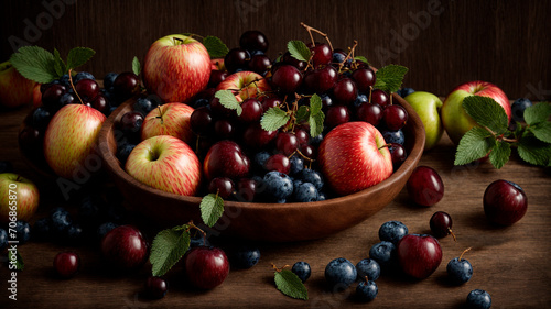 healthy organic food, diet, AI generated, bowl with cherries, blueberries, apples, plums,