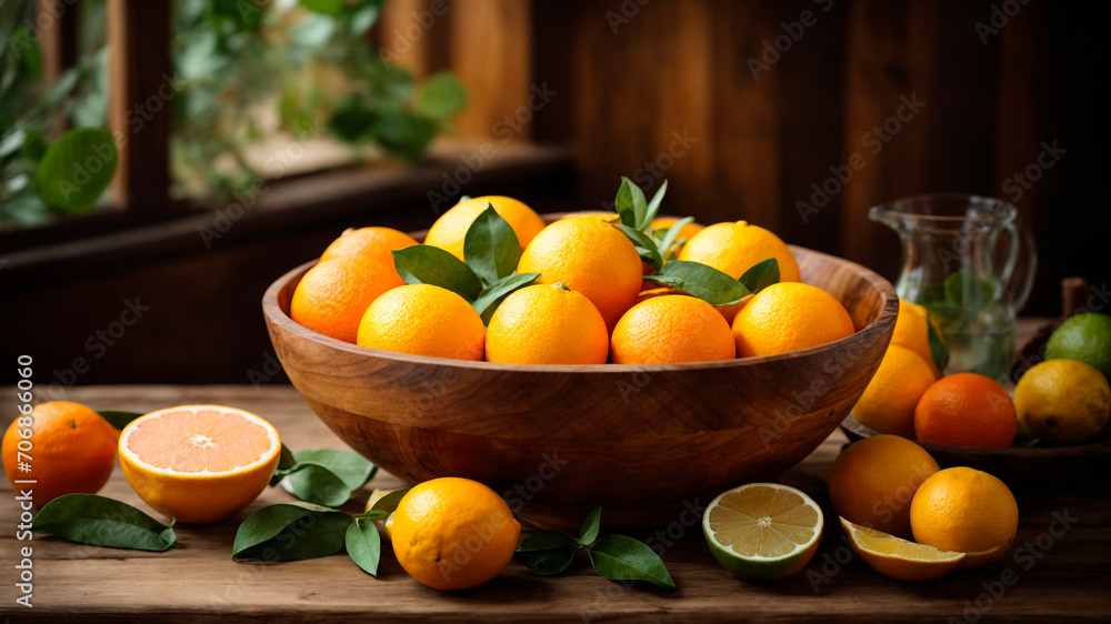 healthy organic food, diet, fruits generated by AI, bowl on wooden table with oranges and lime healthy organic food, diet, fruits generated by AI, bowl on wooden table with oranges and lime