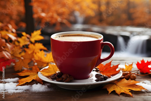 A cup of hot coffee with a background of autumn