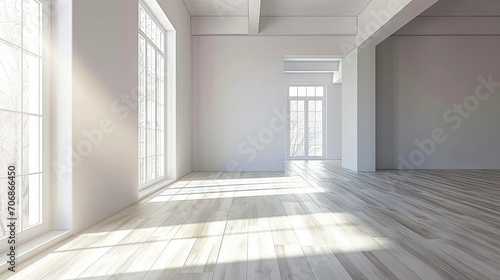  A room with a wooden floor and a large window. This asset is suitable for interior design  architecture  real estate  and home renovation concepts. Empty room in a bright clean interior  