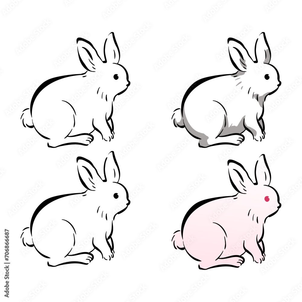 ウサギの和風ベクターイラストセット（線画、影付き、白黒、グラデーション）。
