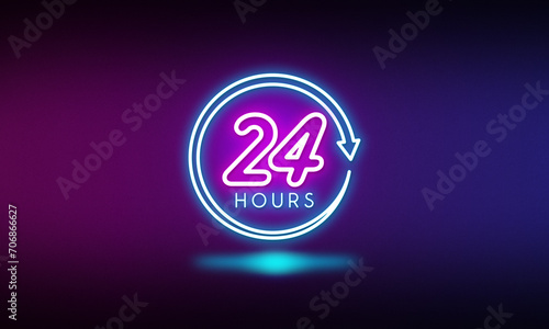 24 hours neon sign symbol on dark background. photo