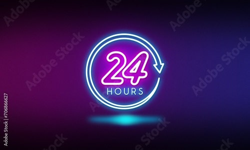 24 hours neon sign symbol on dark background.