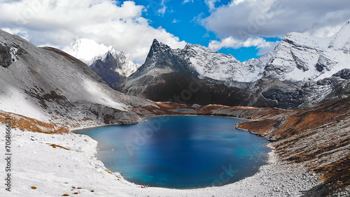 Green blue milk lake with beautiful snow mountains one of the famous lake in Yading Nature Reserve, China photo
