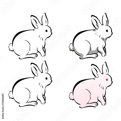 ウサギの和風ベクターイラストセット（線画、影付き、白黒、グラデーション）。