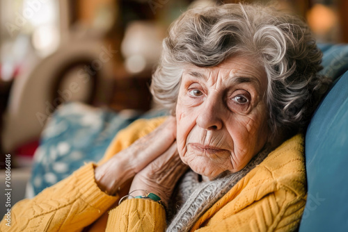 A pensive elderly woman with a thoughtful expression sitting in her home, conveying wisdom and life experience.