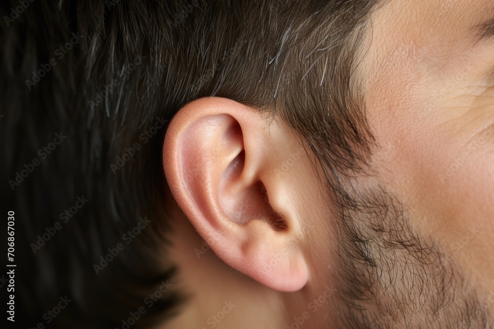 Closeup men ear and details of human the ear. International Day for Ear and Hearing.Hearing problems and diseases. Educational content about physiology human ear - obrazy, fototapety, plakaty 
