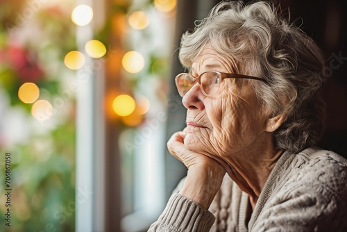 An elderly woman in a cozy sweater gazes out the window in a quiet, reflective moment, evoking a sense of peace and life wisdom.
