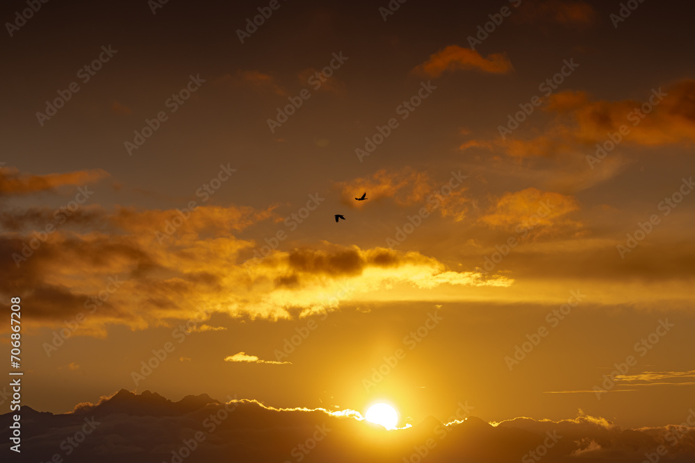 Ptaki na niebie przy Bacówce nad Wierchomlą jesienią. Widok na zachód słońca.