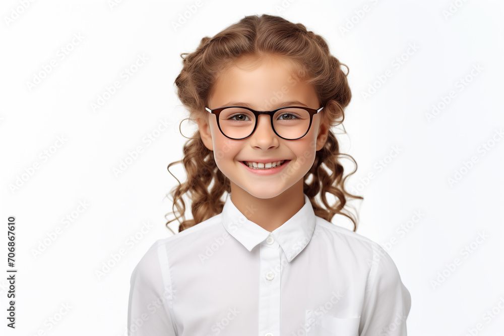 Schoolgirl in glasses, smiling, looking at camera, isolated on the white background, studio shot.