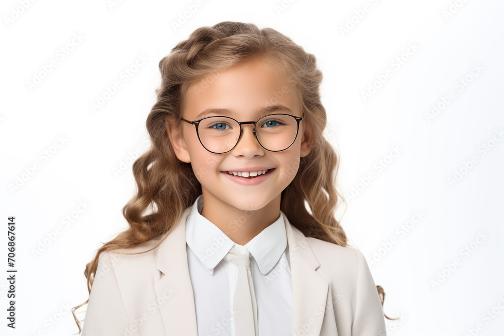 Schoolgirl in glasses, smiling, looking at camera, isolated on the white background, studio shot