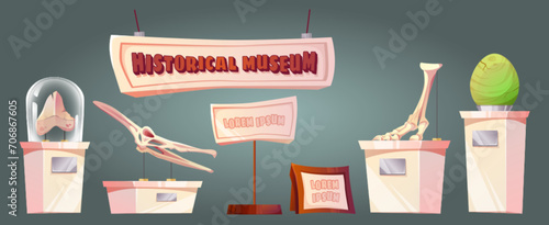 Paleontology museum exhibits set isolated on background. Vector cartoon illustration of dinosaur egg, skull, skeleton bones on stands under glass cover, prehistoric animal remnants, science exhibition