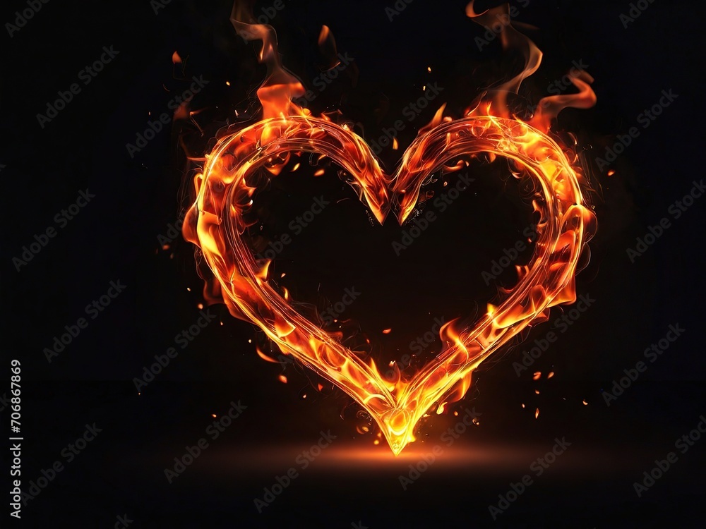 Corazón formado por llamas sobre fondo negro - obrazy, fototapety, plakaty 