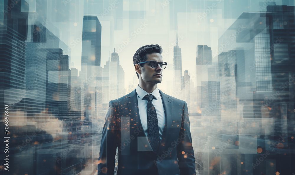 Fototapeta premium Business person in the city, Double exposure