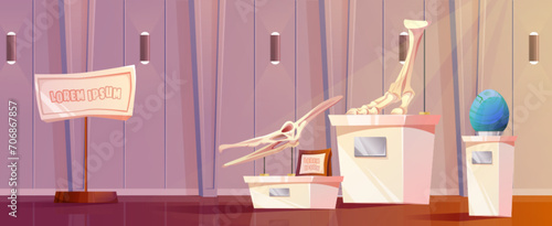 Paleontology museum interior. Vector cartoon illustration of archeology exhibition gallery with exhibits, dinosaur egg, skull, skeleton bones on stands, prehistoric animal remnants, excavation fossils