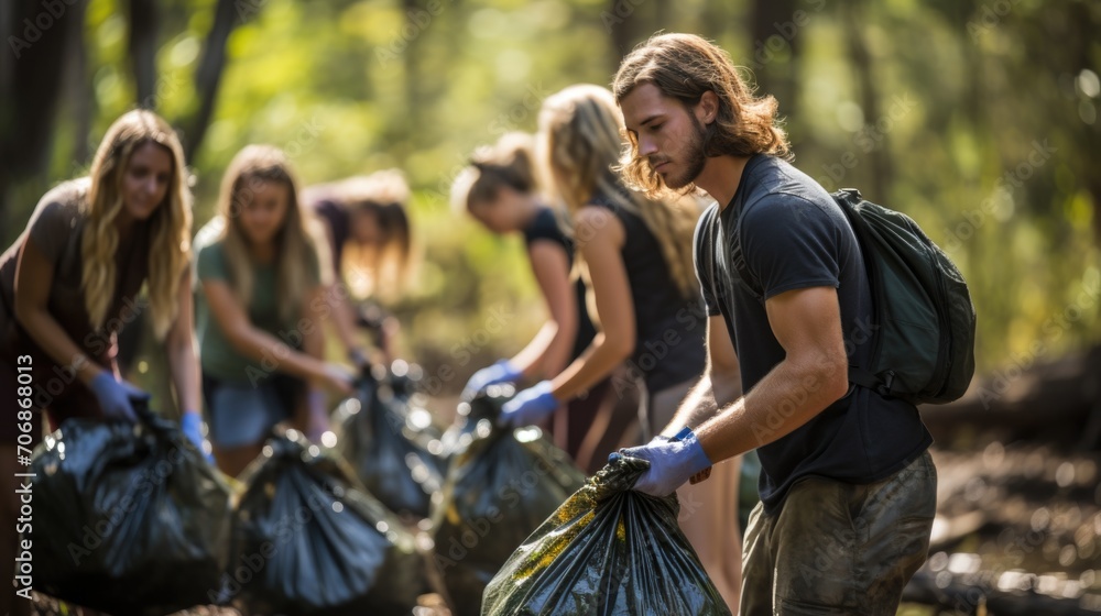 Volunteers using recyclable bags for cleaning, contributing to a cleaner park. Volunteers using recyclable bags for cleaning, contributing to a cleaner park.