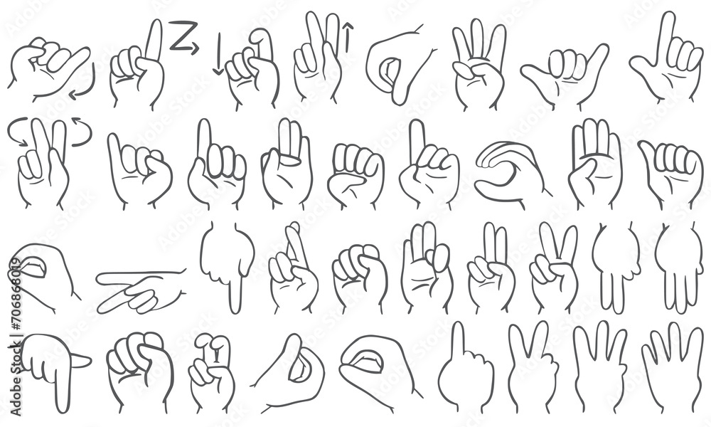 Palm and fingers sign language outline. sign language glyph collection