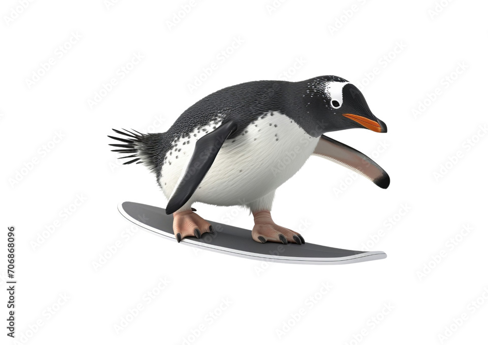 Fototapeta premium Penguin Riding Skateboard on White Background