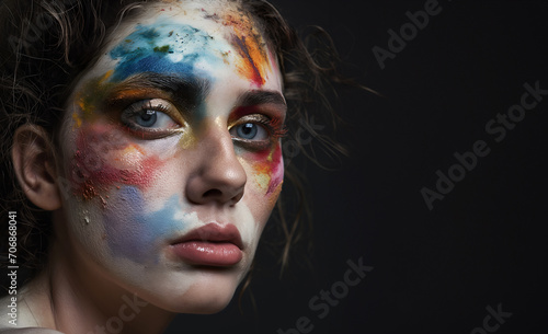 Fashion Concept. Closeup portrait of girl in colourful splatter smear streak paint art. illuminated with dynamic composition light. sensual, natural, advertisement, copy text space   © Sandra Chia