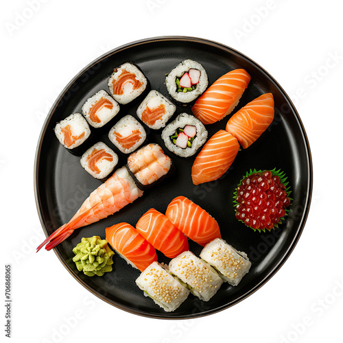 Plate of Sushi isolated on white background, top view