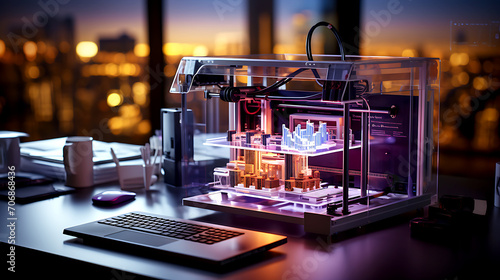 3D printer on workplace of engineer maker with abstract tech schema of additive technologies