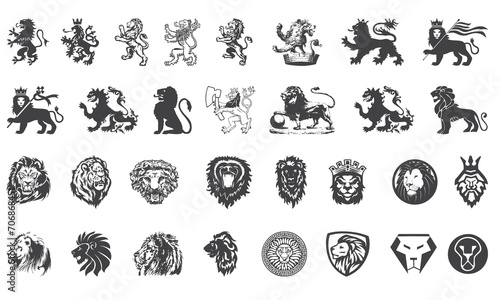 Lion glyph set. Lion head monochromatic style collection. Lion icons bundle
