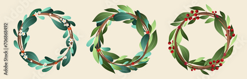 Floral wreath frames set isolated on background. Vector cartoon illustration of circle branch borders decorated with green leaves, white flowers, berries, interior design elements, x-mas decoration