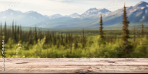 The empty wooden table top with blur background of Alaska nature. Exuberant image. generative ai