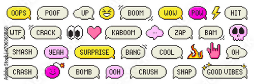 Set of pixel art speech bubbles. Retro game style dialogue box and icons. Modern vector illustration.
