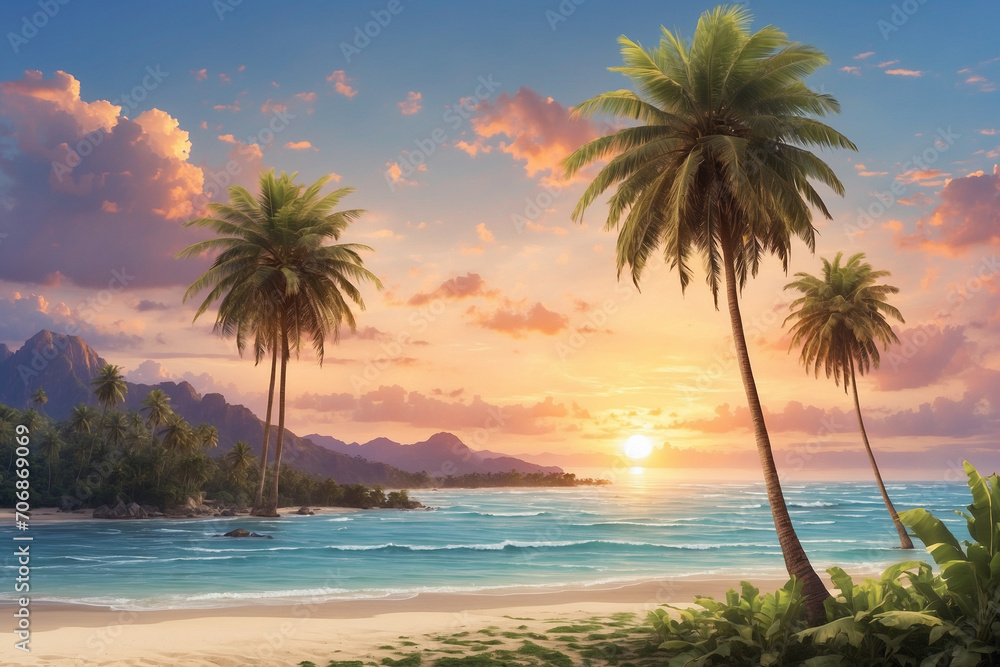The beach has several coconut trees at sunset
