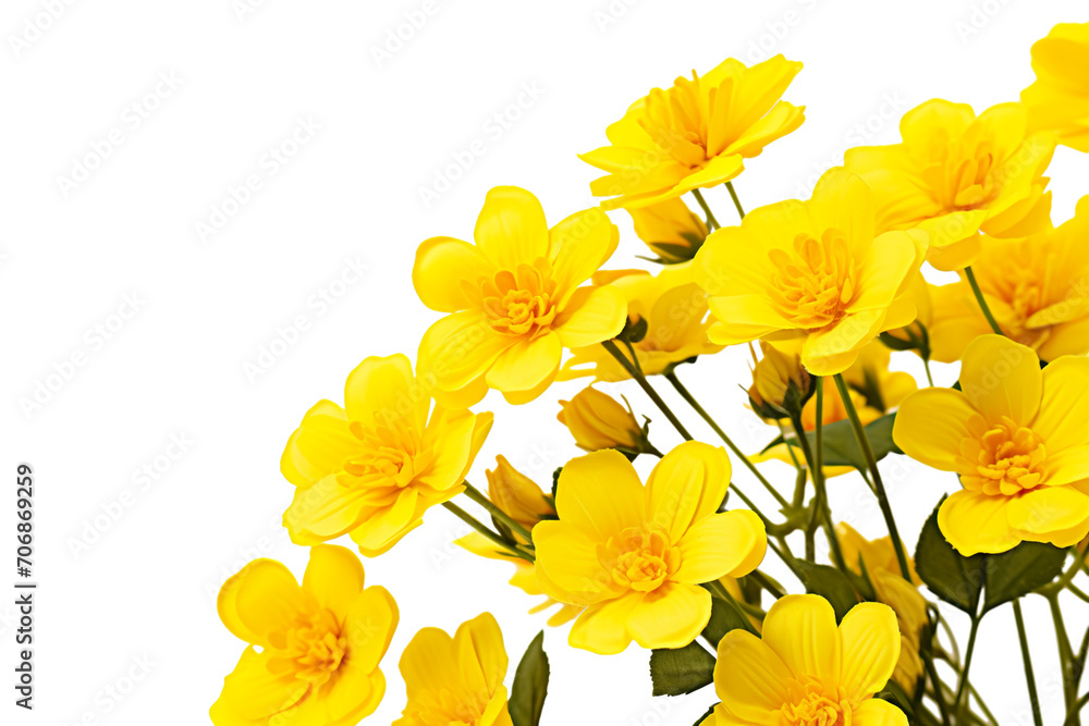 Obraz premium Top side closeup macro view of yellow flowers with leaves, on a white isolated background PNG