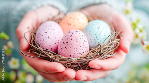 AI generated illustration of hands holding a nest with colorful eggs, an Easter celebration