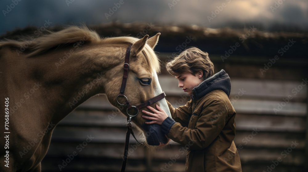 Fototapeta premium Amidst nature's beauty, a young and stunning boy shares an affectionate moment, embracing a horse