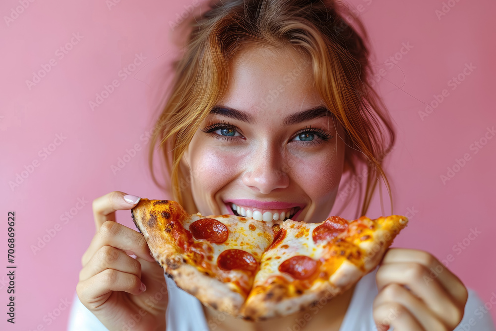 Happy teenager enjoys eating delicious slice of pizza , snack with fastfood in lunch Happy teenager enjoys eating delicious slice of pizza , snack with fastfood in lunch