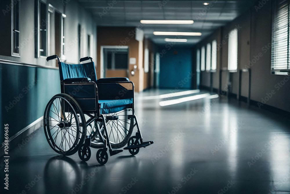 empty corridor of an hospital or care center with an empty wheelchair