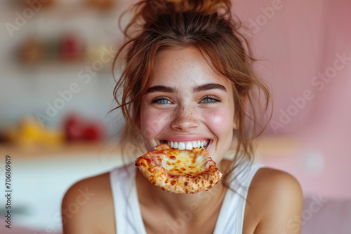 Happy teenager enjoys eating delicious slice of pizza , snack with fastfood in lunch