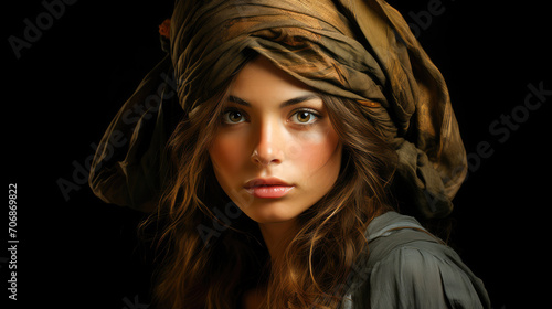 Captivating portrait of a beautiful young woman wearing a stylish headscarf, exuding elegance and mystery.