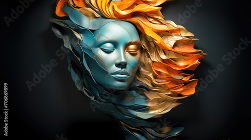 A visually striking 3D illustration of an abstract fantasy female figure with elegant metallic textures in vibrant colors.