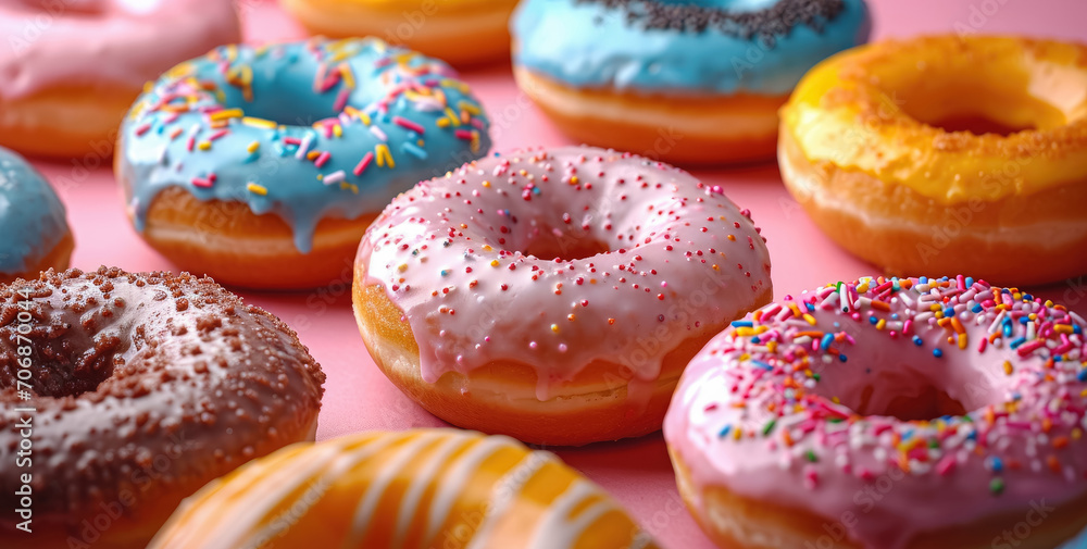 Colorful sweet glaze donuts with colorful sprinkles icing as background