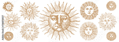 Engraving Sun. Solar System Exploration. Vintage Drawing Style Sun Faces. Medieval Hand Drawn. Mystic Alchemy Esoteric Sun Set.