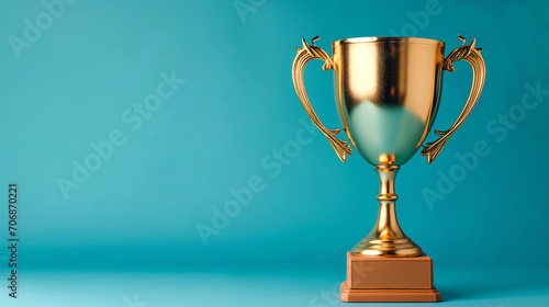 a golden trophy winner cup on blue background with copy space